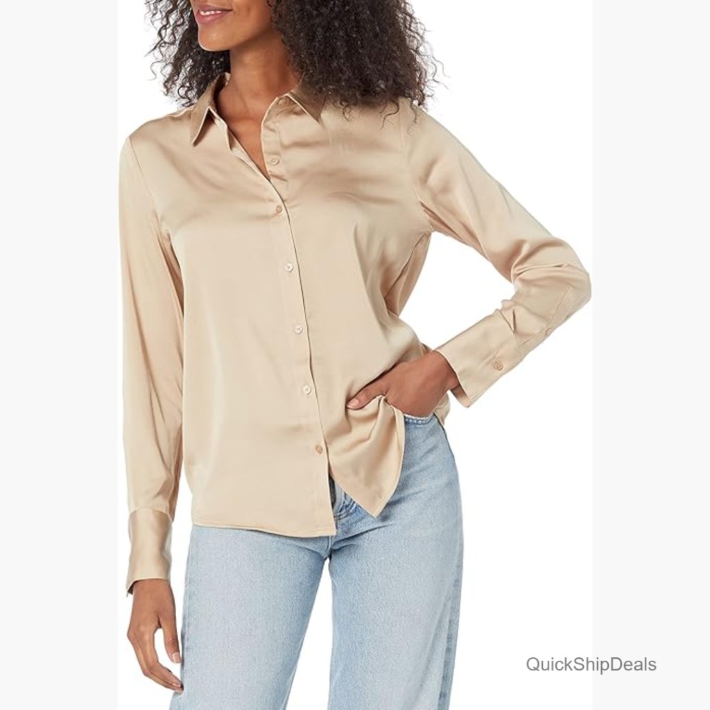 Long Sleeve Satin Button Down Blouse, Regular Fit, Lightweight Georgette